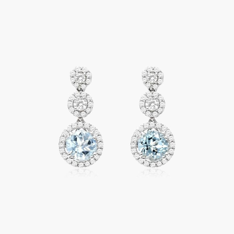14K White Gold Oval Halo Aquamarine and Diamond Stud Earrings
