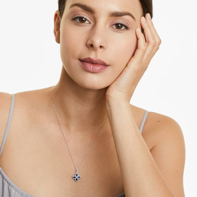 14K White Gold Lily Motif Sapphire and Diamond Necklace