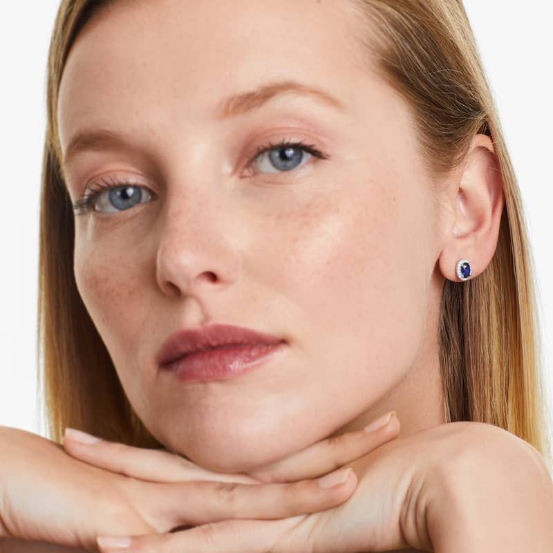 18K White Gold Double Halo Oval Sapphire and Diamond Earrings