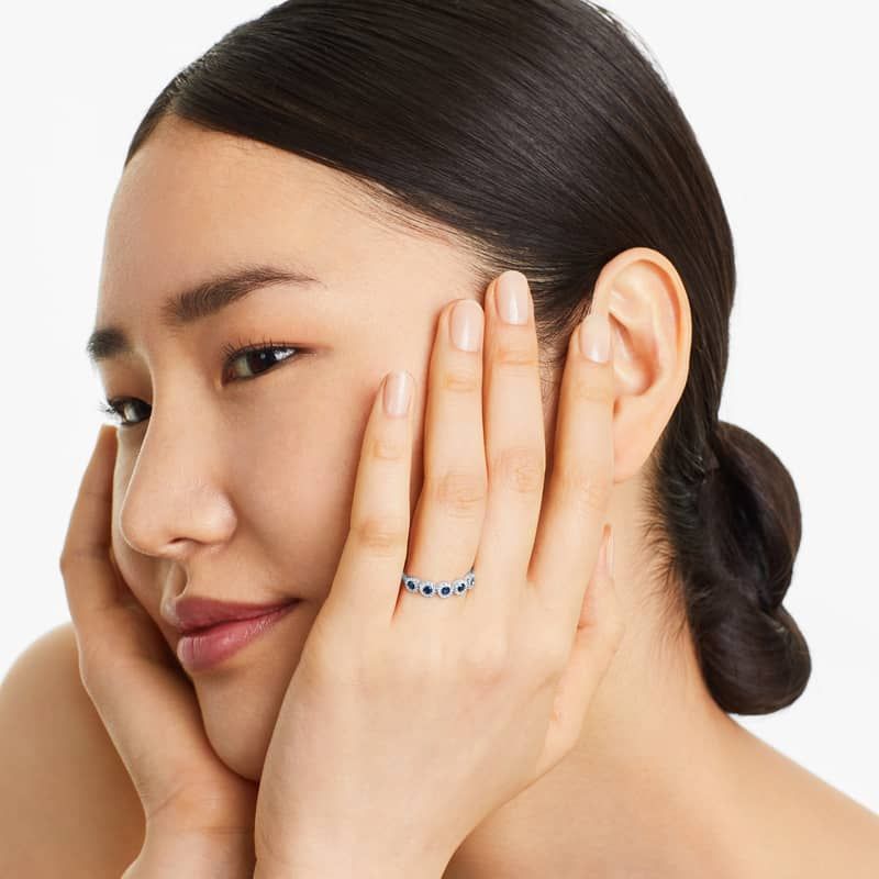 14K White Gold Round Brilliant Diamond and Marquise Sapphire Wedding Ring