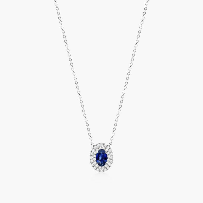 14K White Gold East West Oval Aquamarine and Diamond Halo Necklace