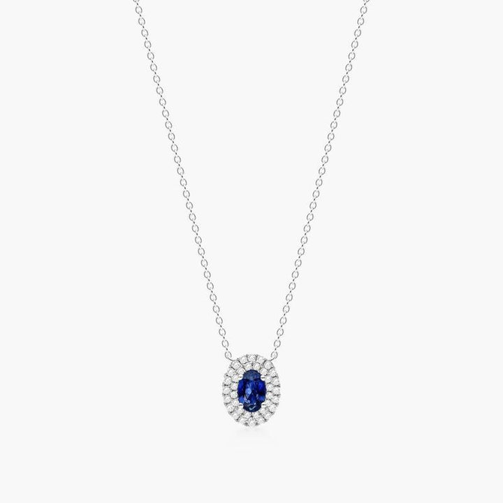 14K White Gold East West Oval Aquamarine and Diamond Halo Necklace