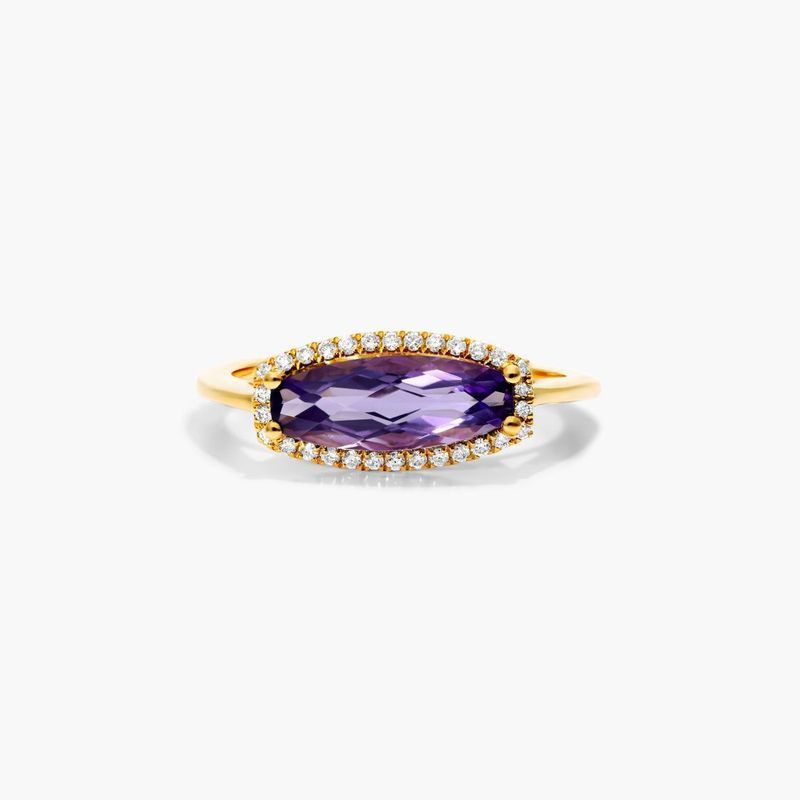 14K Yellow Gold Dainty Amethyst Bezel Diamond Ring by Brevani
