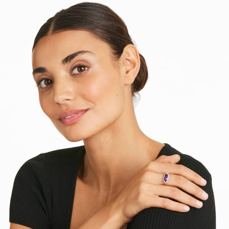 14K Yellow Gold Dainty Amethyst Bezel Diamond Ring by Brevani