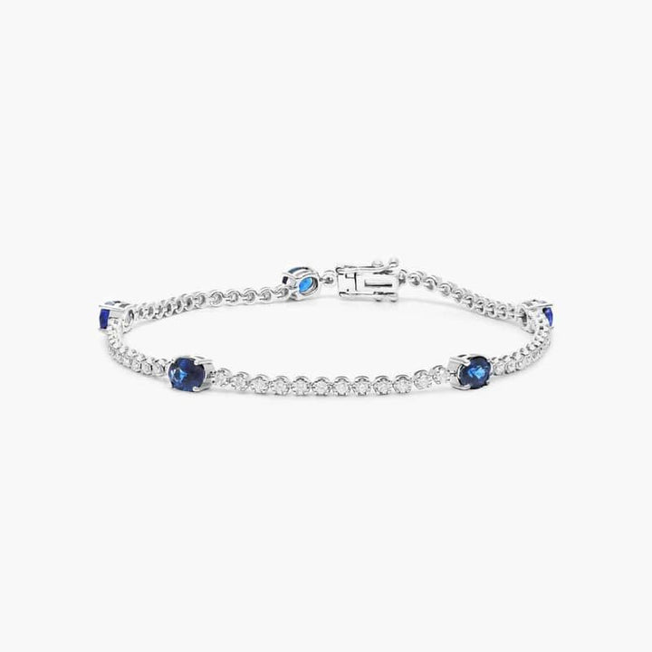 14K White Gold Oval Blue Sapphire and Diamond Halo Bracelet